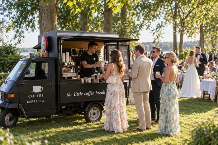 Kaffevogn serverer kaffe for bryllupsgæster i en have med brudepar i baggrunden (illustration)